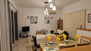 TV, DVD player, books, music library