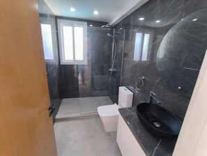 Shower, hair dryer, towels