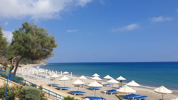Plage à proximité, chaises longues, serviettes de plage