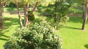 A well-maintained garden with various trees and a neatly trimmed hedge in the foreground. - Sorry, not available this year - Sorry, apartment not available this year. (Antibes)