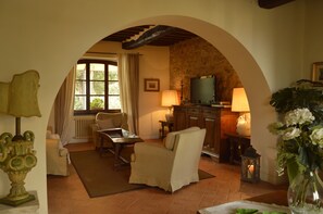 Una Smart TV, una chimenea, un reproductor de DVD, libros