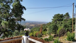 Une vue pittoresque depuis un balcon doté d’une balustrade en bois, donnant sur une vallée verdoyante et sur des bâtiments situés au loin.