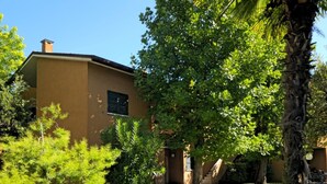 A building with a flat roof, a brick pathway, and surrounding greenery including a palm tree. - A6 Two-room apartment in a residence surrounded by greenery, with swimming pool (Sirmione)