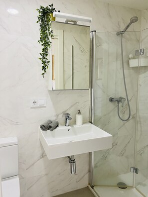 Douche, séchoir à cheveux, bidet, serviettes fournies