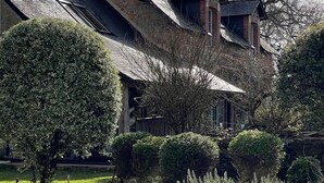 Une maison avec une façade en pierre, un toit en pente et un jardin bien entretenu, agrémenté de divers arbustes et d’un grand arbre.
