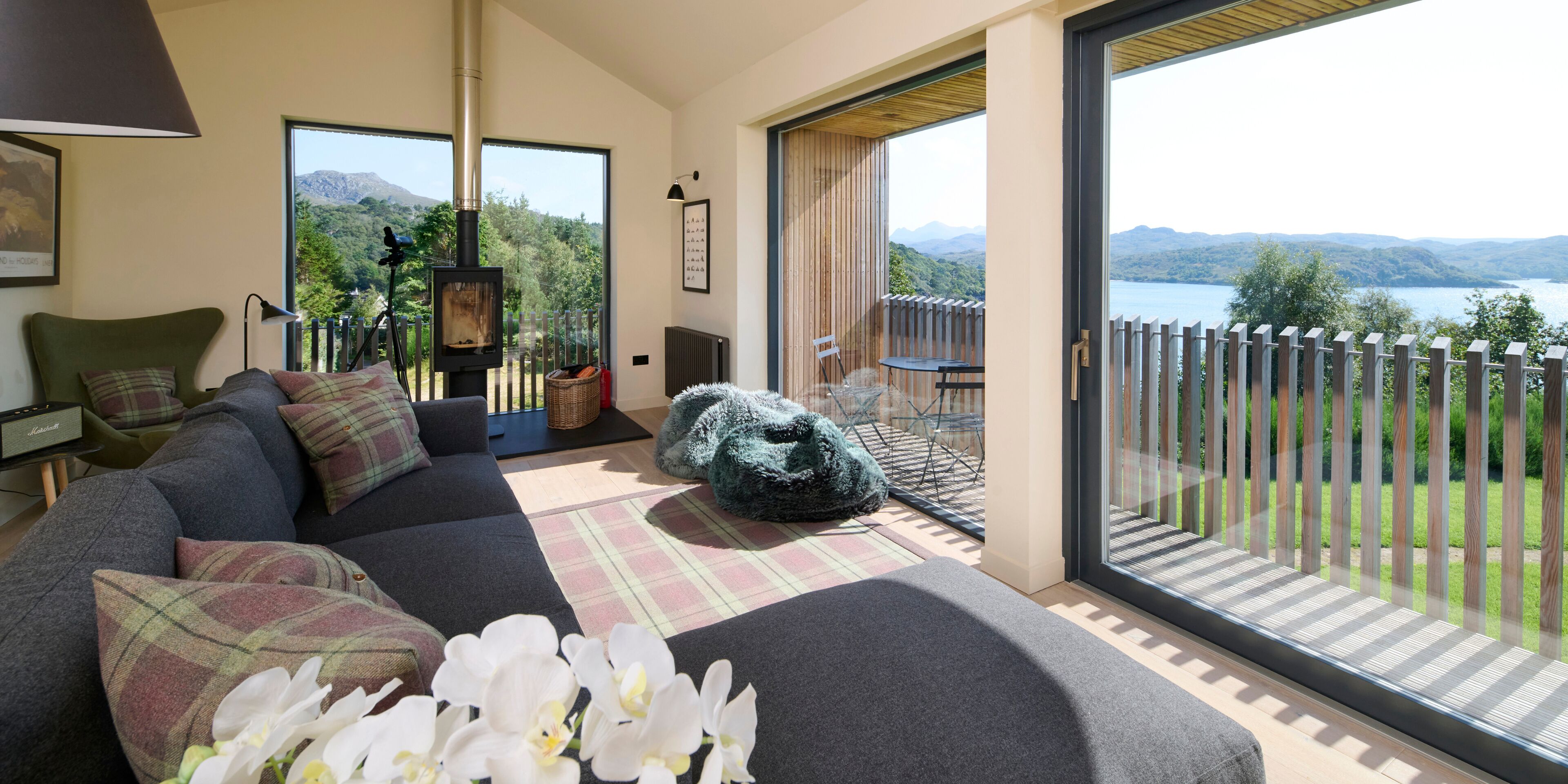 The living room takes full advantage of the views