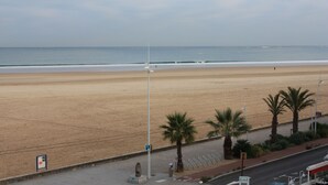 Une plage offrant une vue dégagée sur l’océan, une route bordée de palmiers et un panneau de signalisation.