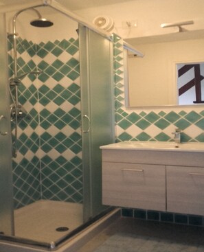 Shower, hair dryer, bidet, towels