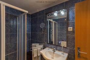 Shower, hair dryer, bidet, towels