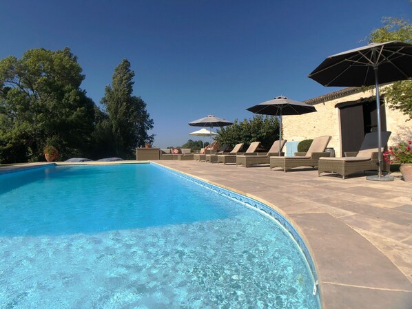 Outdoor pool, a heated pool, pool loungers