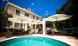 Outdoor pool, pool umbrellas, pool loungers