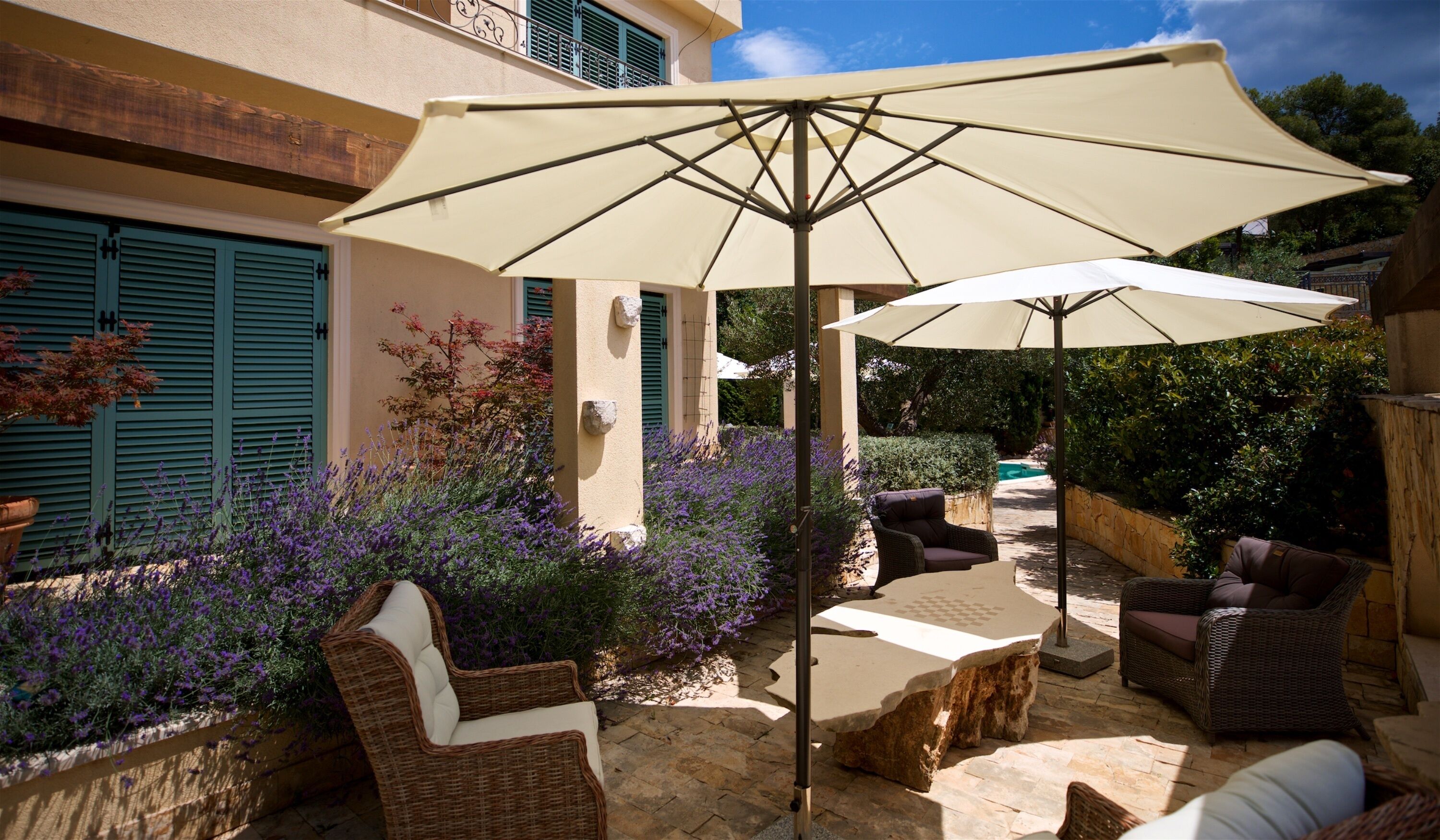 Front terrace with stone chess table - French doors to kitchen & living room