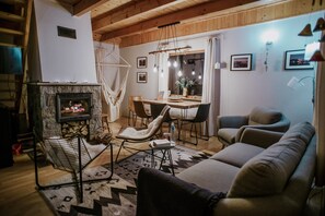 TV, fireplace, books