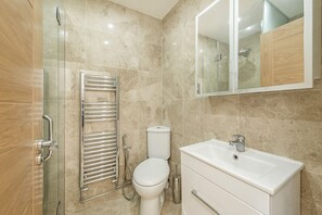 Combined shower/bathtub, hair dryer, towels, soap