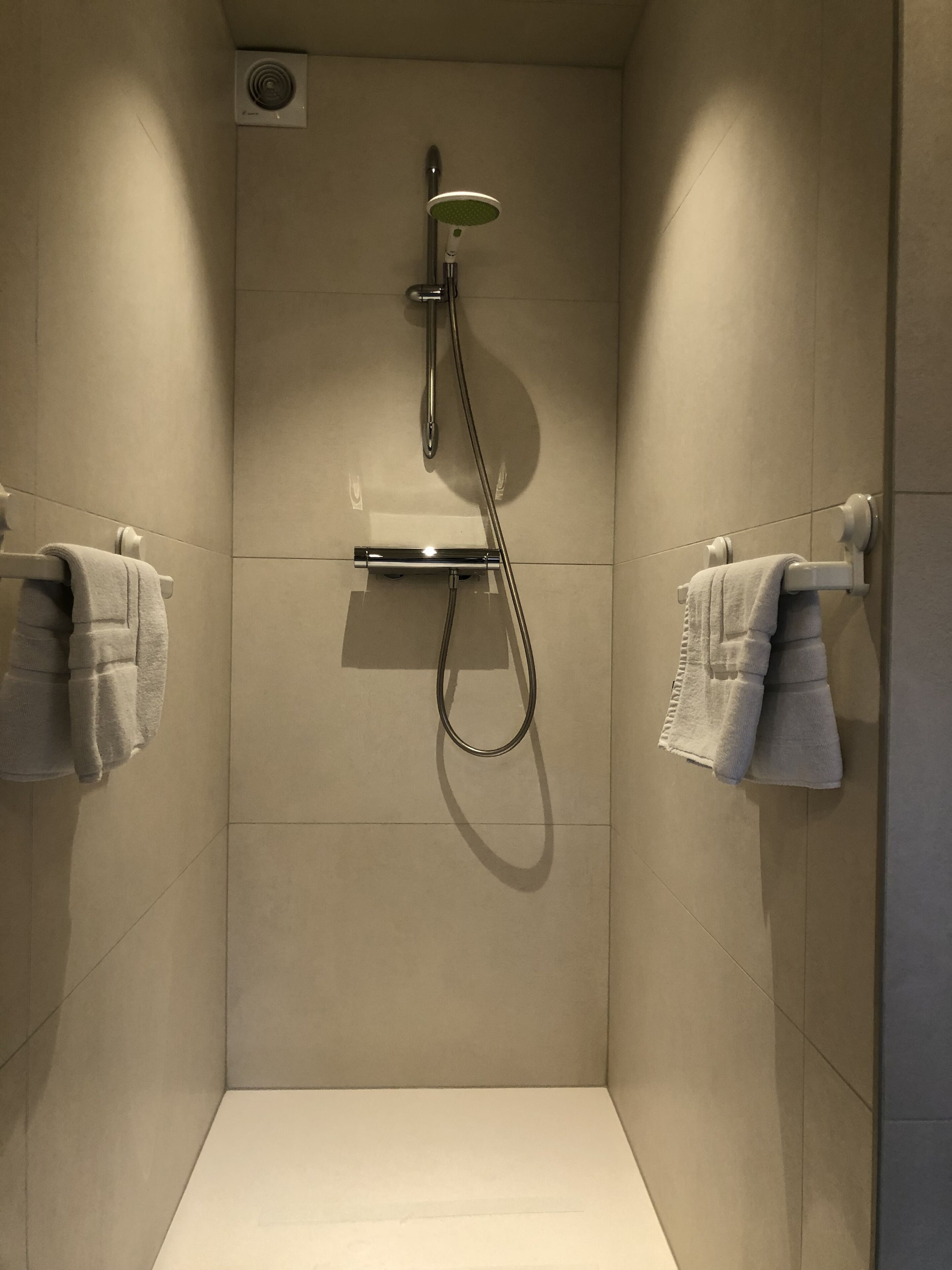 Una ducha moderna con cabezal de ducha manual y llave de pared, flanqueada por dos toalleros con toallas.