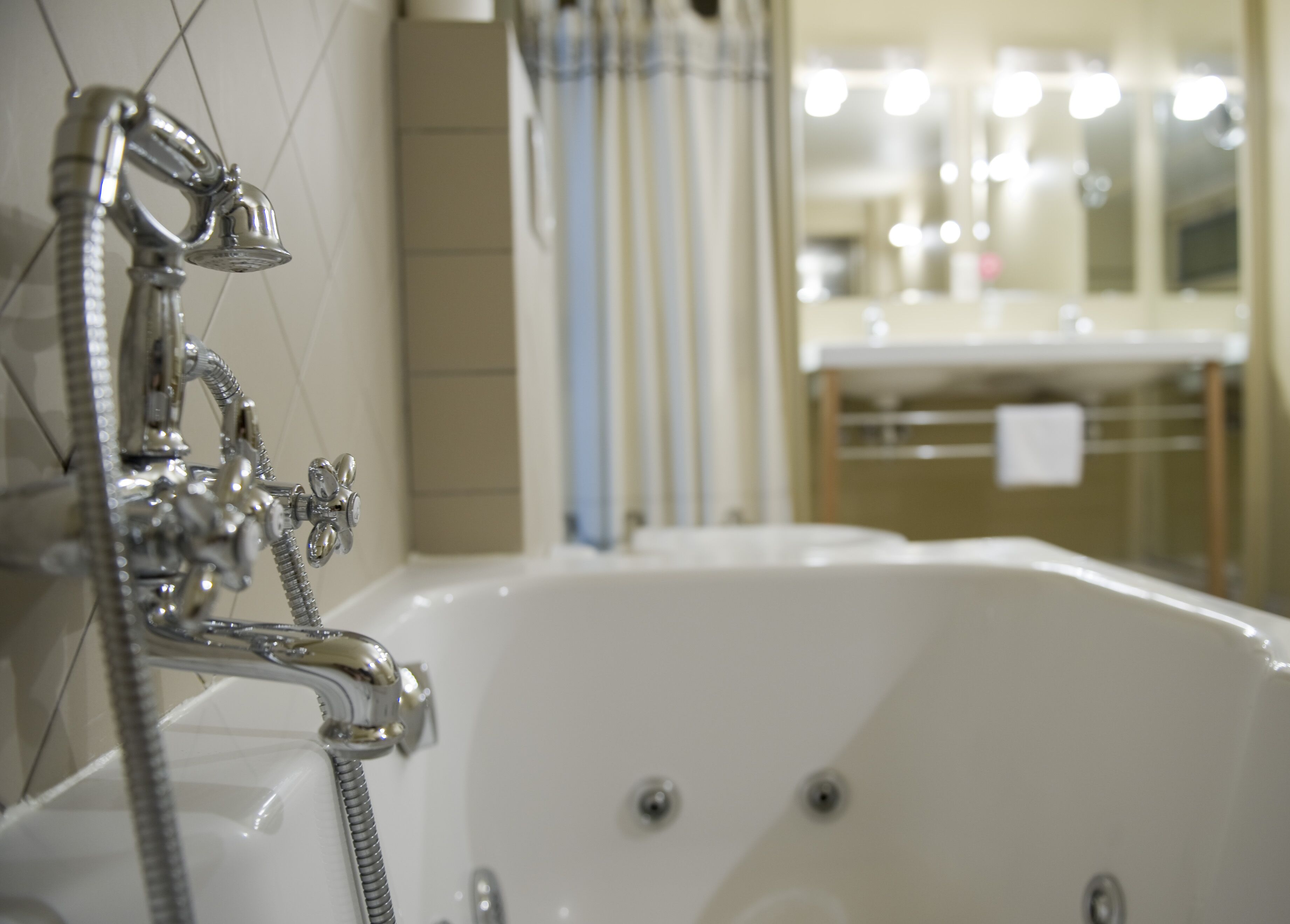 Jetted tub, hair dryer, towels, soap