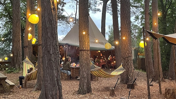 Un espacio al aire libre con carpas, hamacas y luces colgantes.