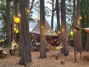 Un espace extérieur aménagé avec des tentes, des hamacs et des guirlandes lumineuses.