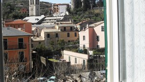 Blick auf eine Stadt mit historischen Gebäuden, darunter eine Kirche mit einer Kuppel und ein schlossartiges Bauwerk im Hintergrund.