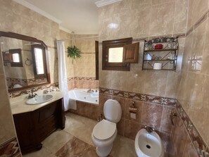 Combined shower/tub, jetted tub, hair dryer, bidet