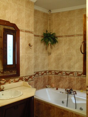Tina con regadera, tina de hidromasaje, secadora de cabello, bidet