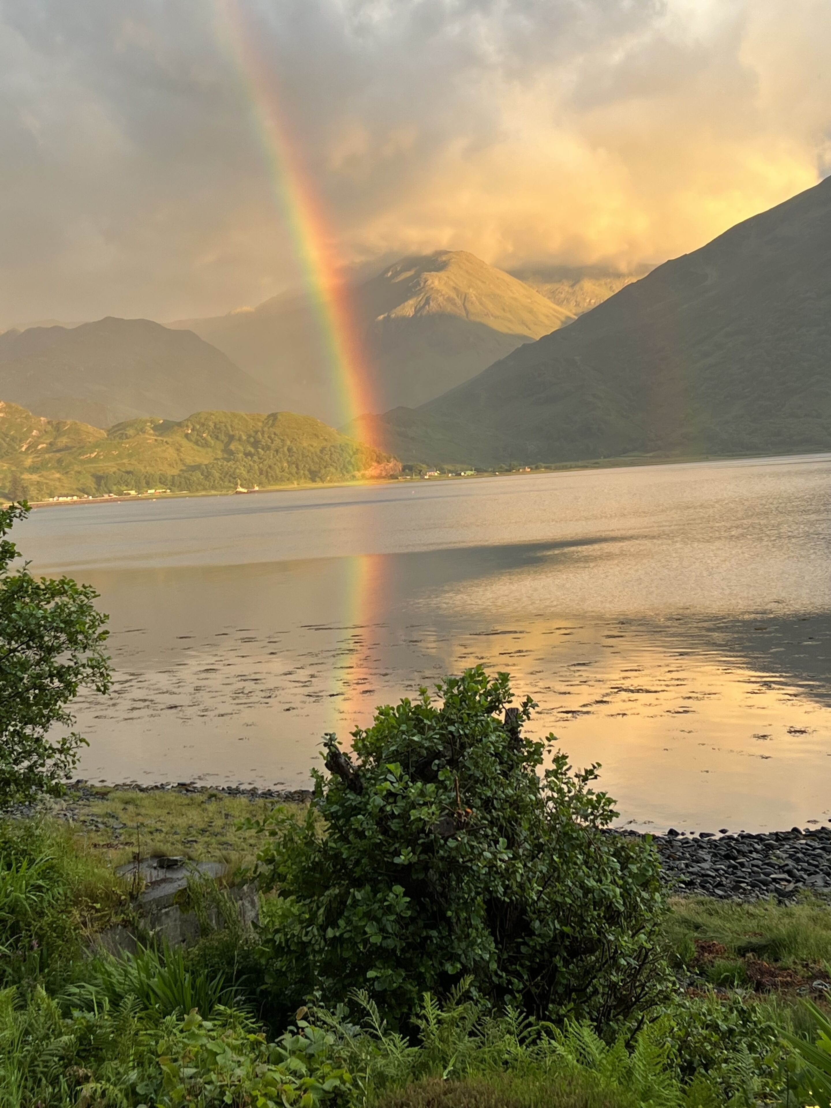 A lake with a rainbow, mountains in the background, and greenery in the foreground.