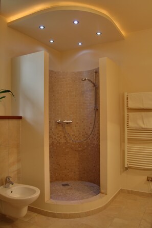 Ensemble douche/baignoire, sèche-cheveux, bidet, serviettes fournies