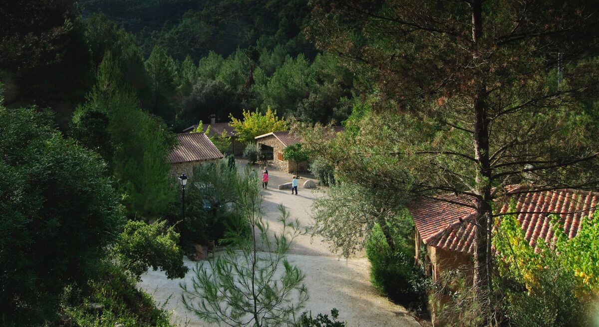 A rural village with traditional stone houses and a dirt path.