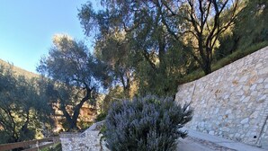 A stone-paved courtyard with a small bush and a stone wall. - Villa Parga – with private pool and authentic Sunset Panorama view! (parga)