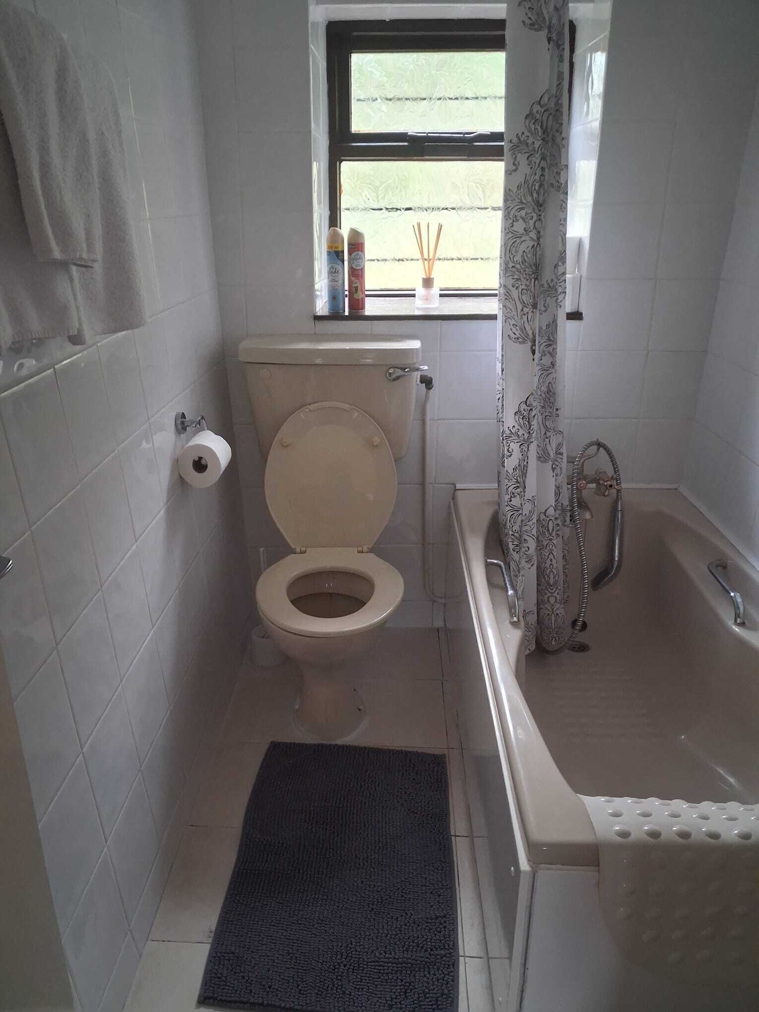 A bathroom with a toilet, a bathtub, and a window with a view of greenery.
