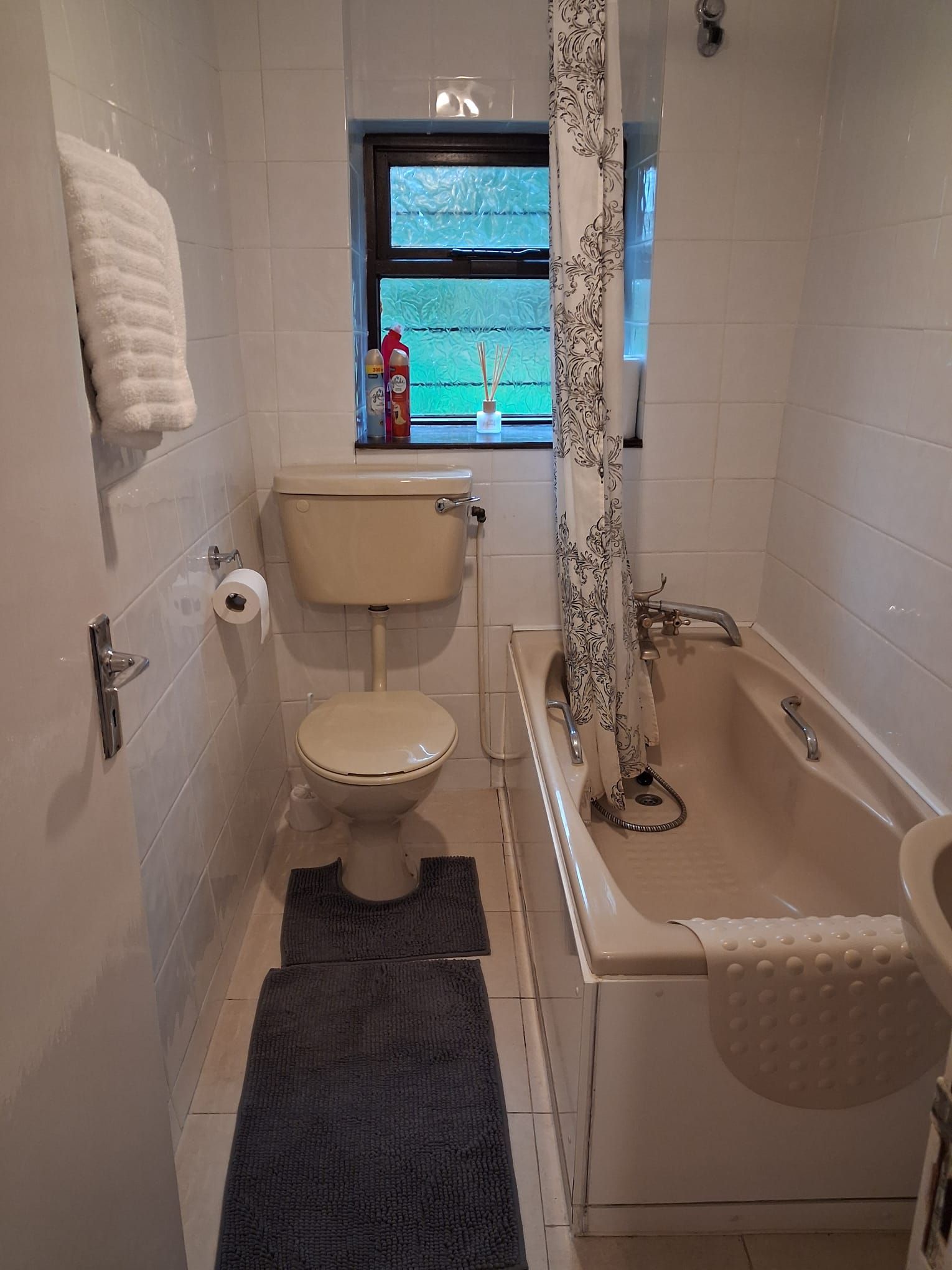A bathroom with a toilet, bathtub, and a window with a view.