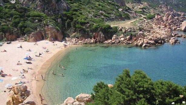 A beach with clear turquoise water, rocky terrain, and greenery.