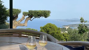 Deux coupes de champagne sur une table ronde, avec vue sur la mer et un arbre en arrière-plan.