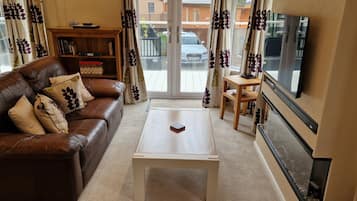 Smart TV, fireplace, DVD player, books