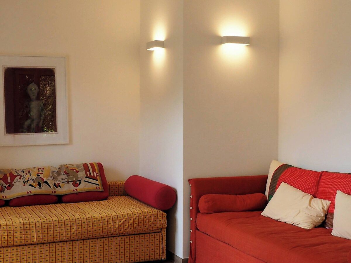 A room with two couches, one with patterned cushions and the other with solid-colored cushions.