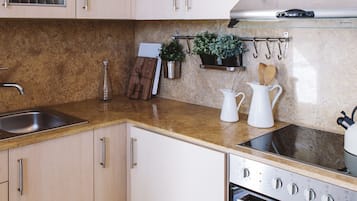 Frigorífico, microondas, horno y placa de cocina
