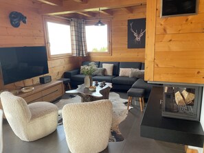 Télévision, cheminée, lecteur de DVD, chaîne hi-fi