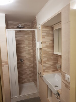 Shower, hair dryer, bidet, towels