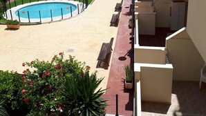 A swimming pool surrounded by a garden with red flowers and a paved walkway.