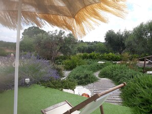 Un jardín con terraza de madera, un paraguas de paja y diversas plantas.