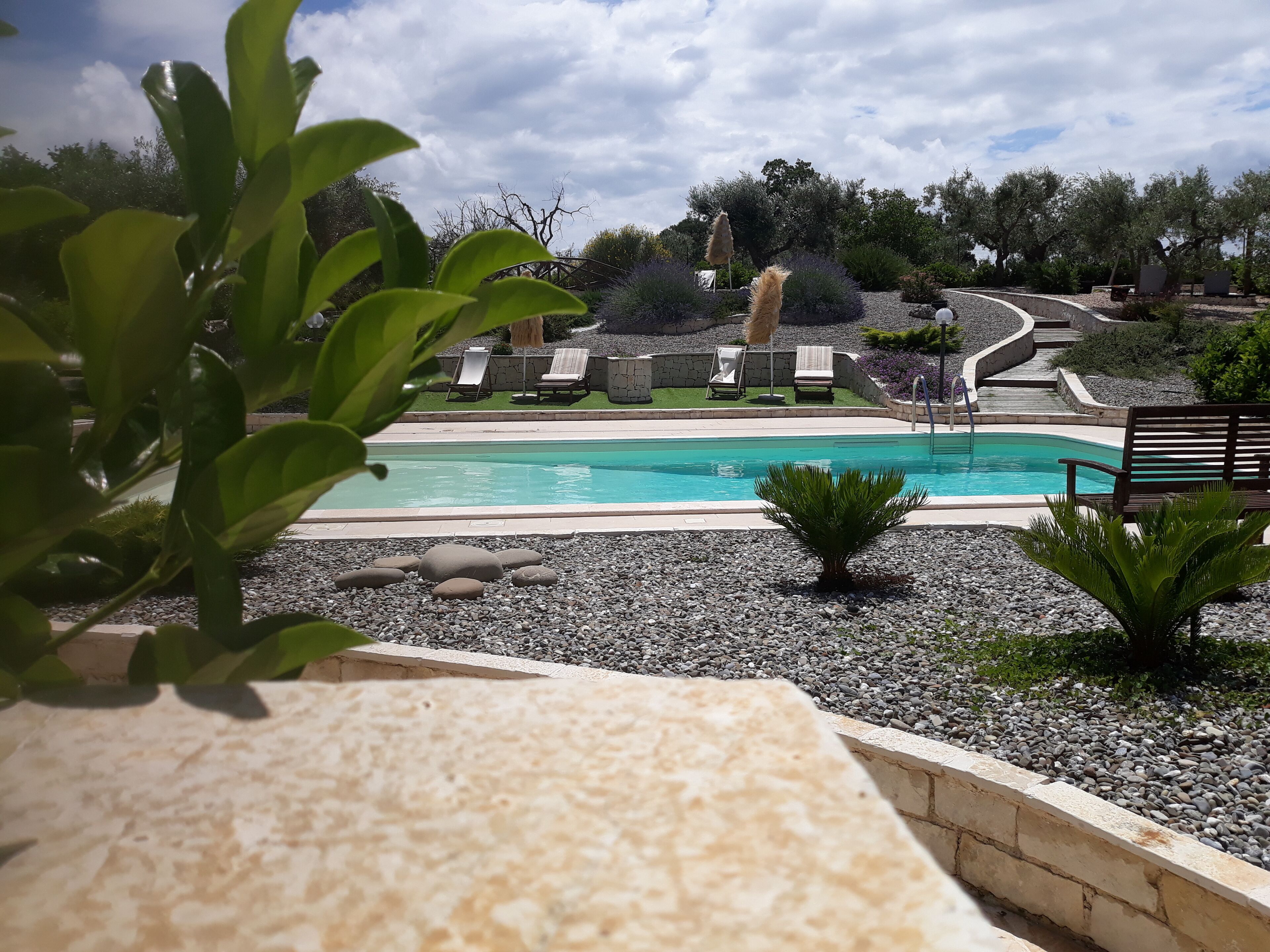 A pool area with lounge chairs and a stone pathway.