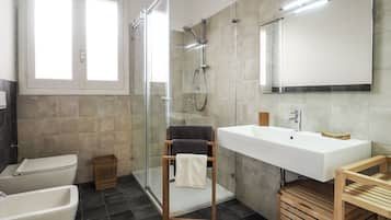 Shower, hair dryer, bidet, towels