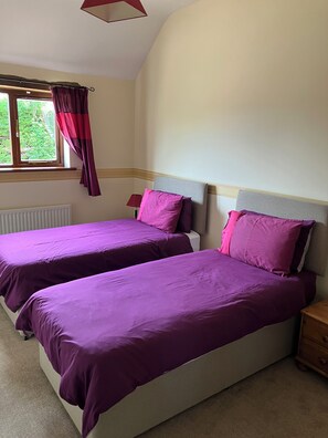 A bedroom with two beds, a window with curtains, a bedside lamp, and a radiator.