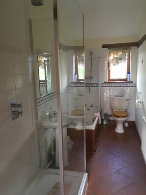 Bathtub, towels, toilet paper