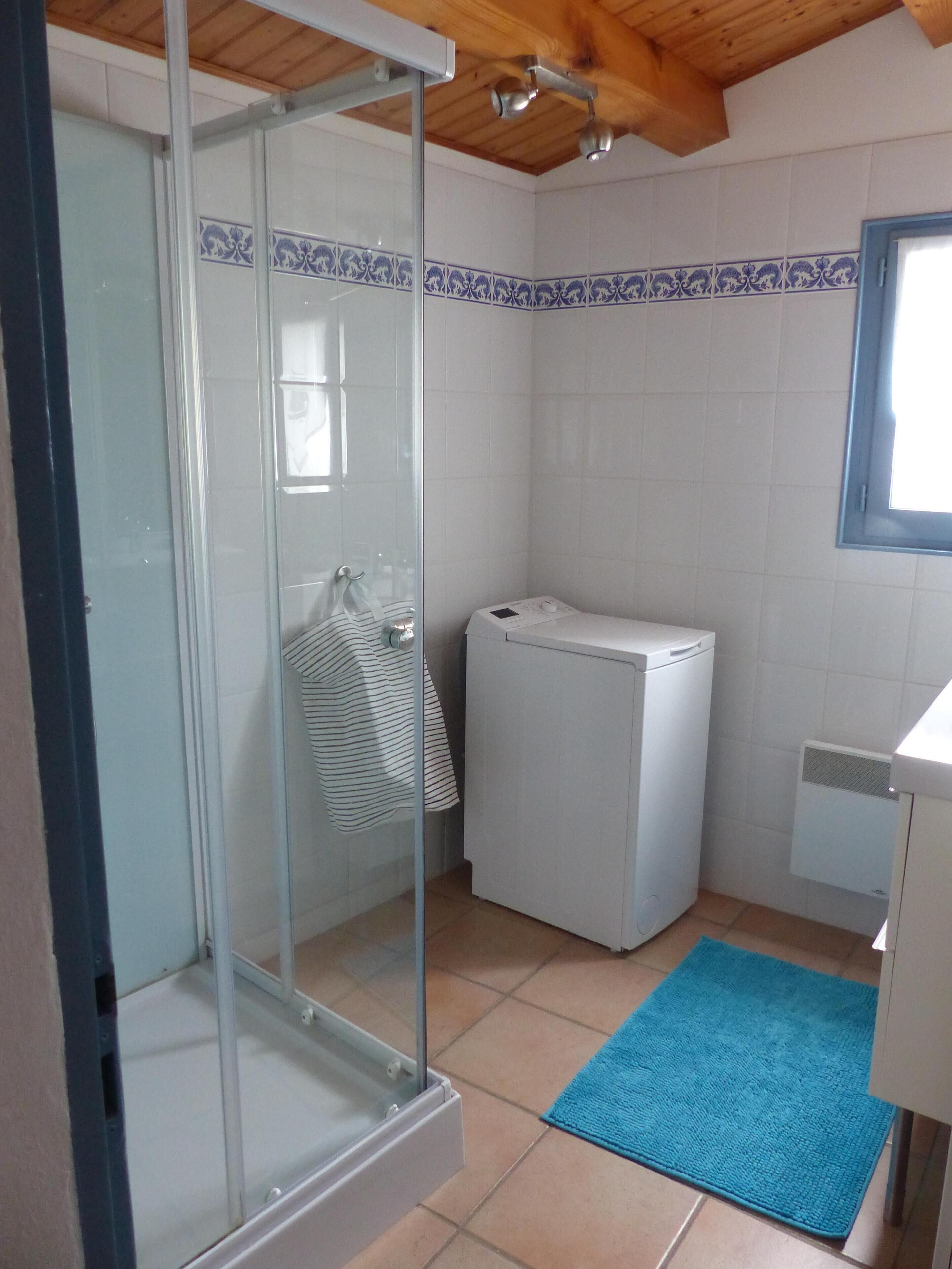 Une salle de bain avec une douche à parois de verre, un lave-linge et un tapis bleu sur le sol.