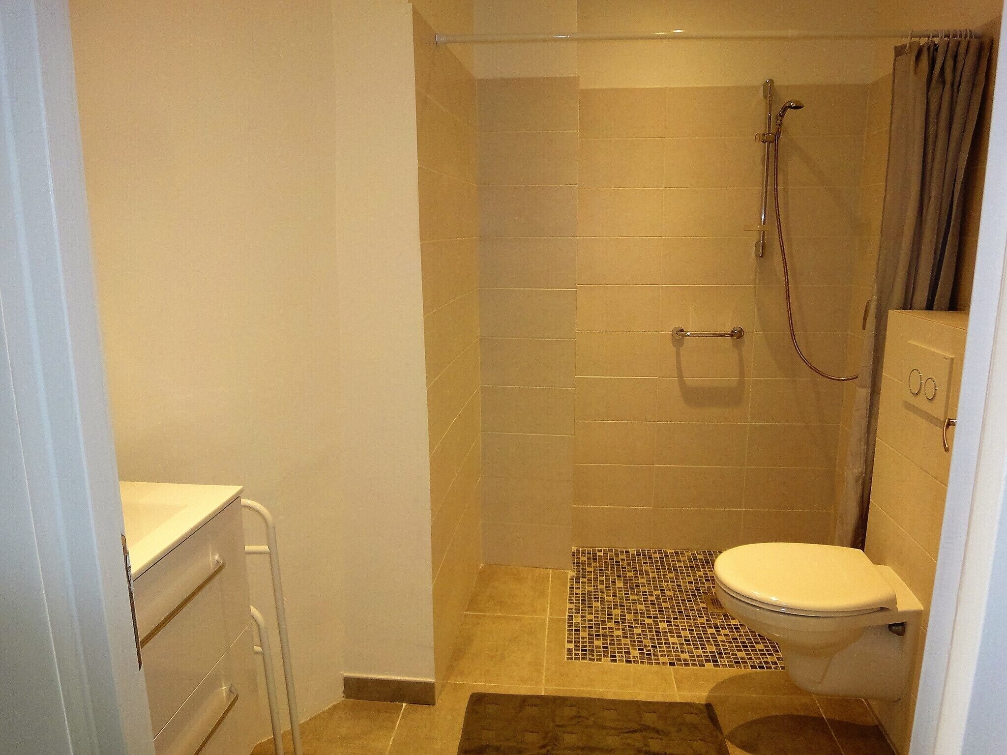 Lavabo, WC  suspendu
 douche à l'italienne spacieuse
chauffage radiant d'appoint