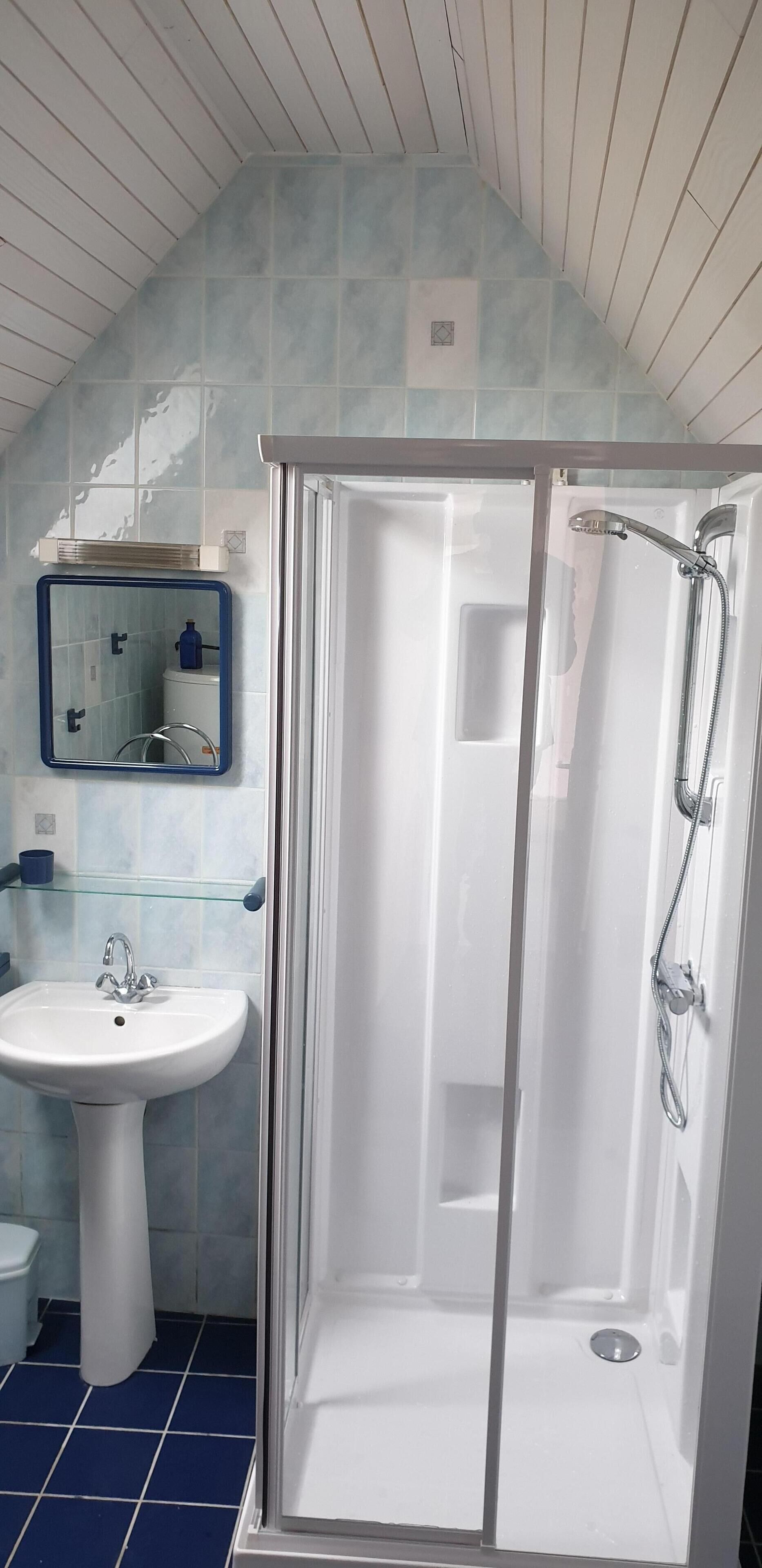 Une salle de bain dotée d’une douche à parois de verre, d’un lavabo sur colonne et d’un miroir avec un cadre bleu.