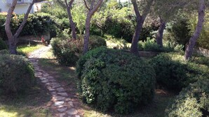 Ein gepflasterter Weg schlängelt sich durch einen üppigen Garten mit verschiedenen Sträuchern und Bäumen.