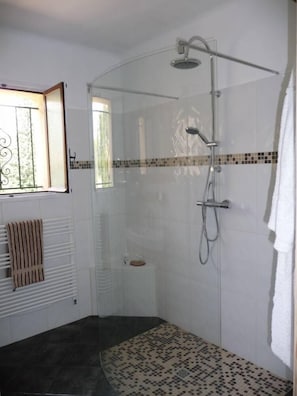 Regadera, secadora de cabello, toallas, jabón