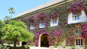 A building with a tiled roof, covered in flowering vines, and a central entrance. - Seville center, large penthouse with terrace and 3 double bedrooms (Sevilla)